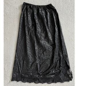 Vintage Illusion Slip Skirt Large Satin Floral Lace Trim Stretch Black Retro 80s